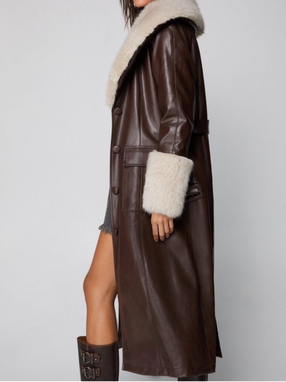Nasty Gal Brown Faux Leather Long Trench Coat with Cream Fur Trim
